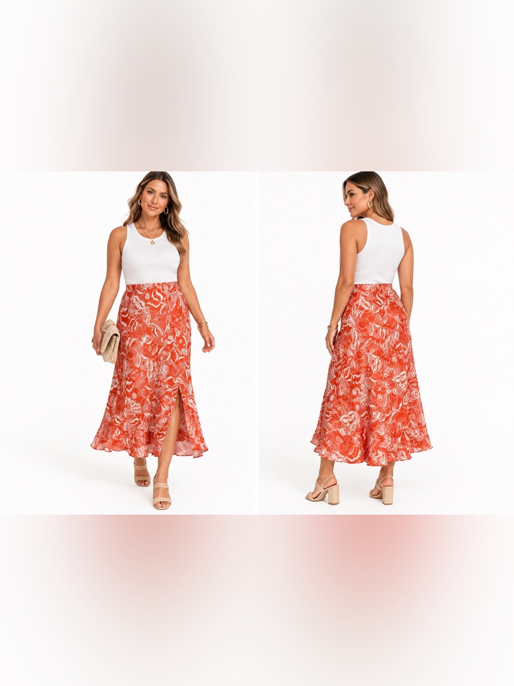 Women’s Coral Floral Midi Skirt